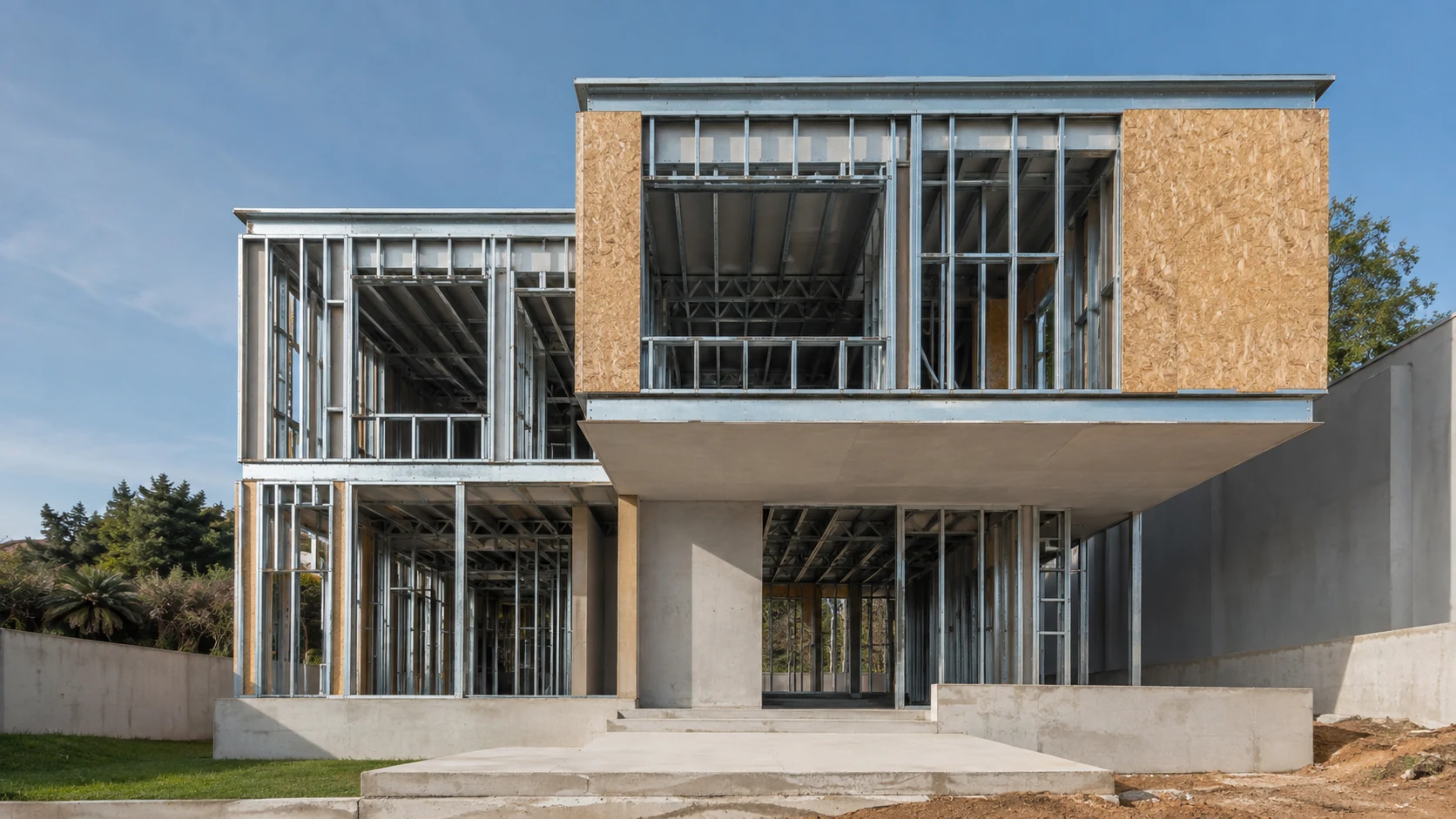 Estrutura frontal de obra em Light Steel Frame acompanhada pela NF