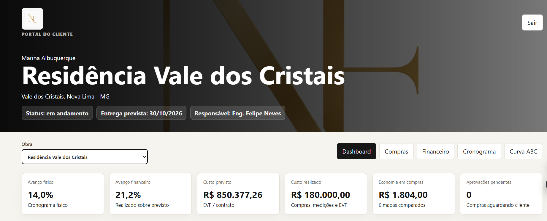 Portal do cliente NF Control com dashboard de obra
